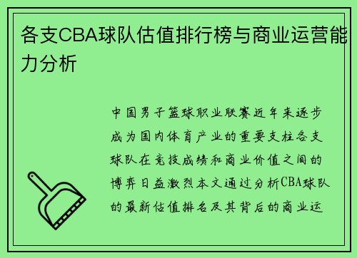 各支CBA球队估值排行榜与商业运营能力分析