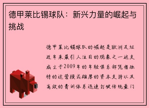 德甲莱比锡球队：新兴力量的崛起与挑战